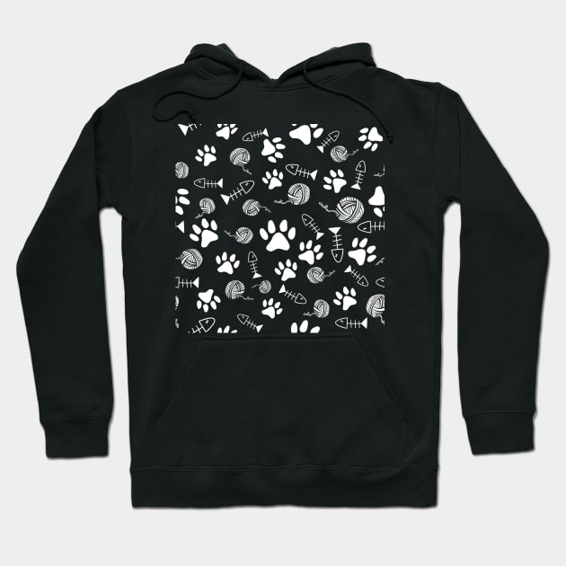 Cat Paw Print, Fish Bones, Ball of Yarn Pattern - White on Black Version Hoodie by SubtleSplit